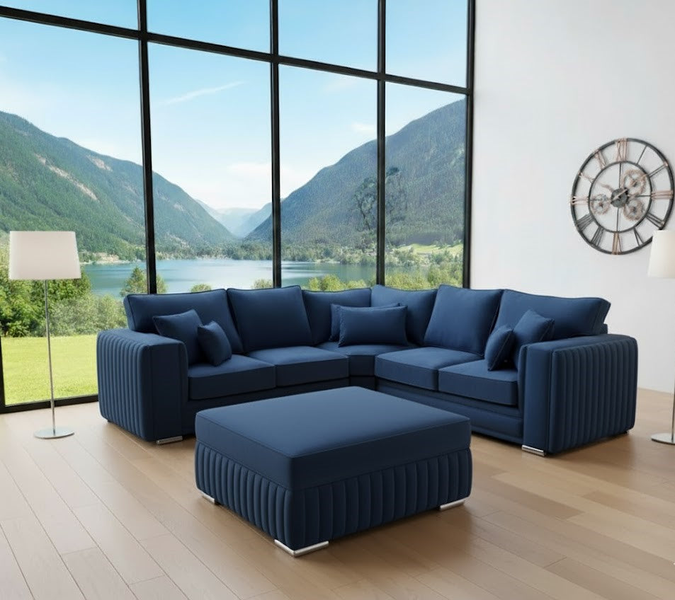 Luxury Neptune Corner Sofa WIth Foot Stool In Blue Plush Velvet Fabric