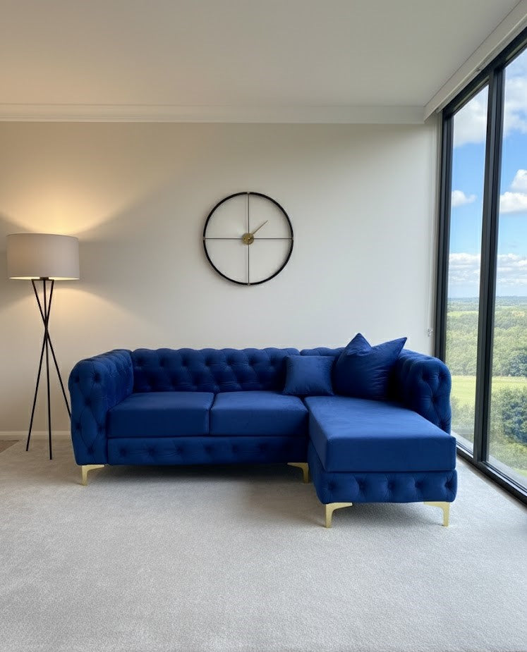 Davenport Luxury L-Shaped Sofa In Blue Plush Velvet Fabric