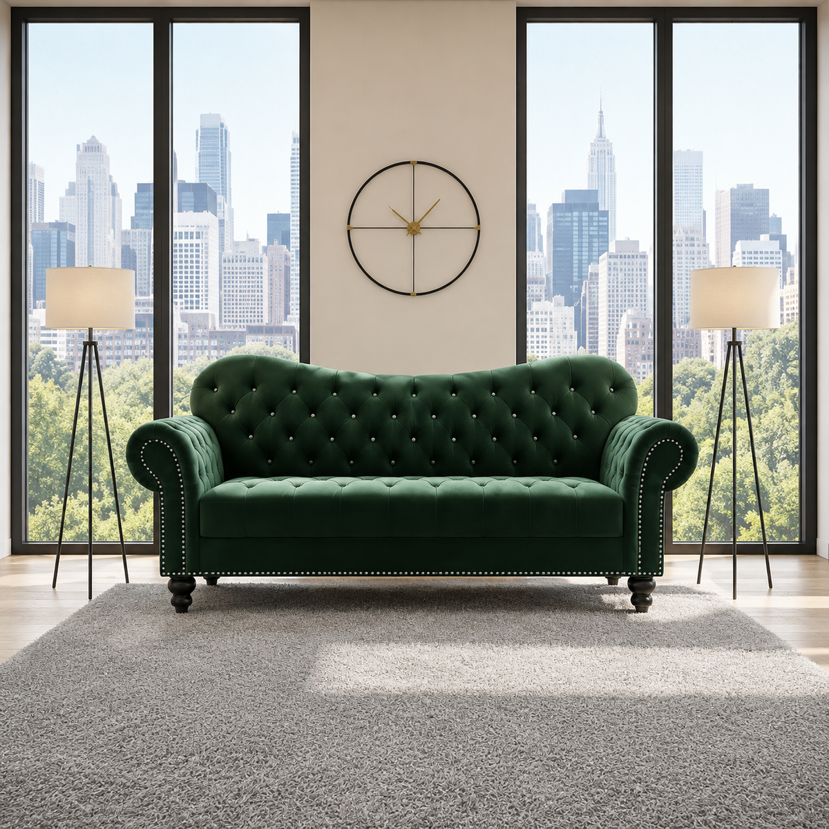 Venture Italian Chesterfield Green Velvet Sofa In Plush Velvet Fabric