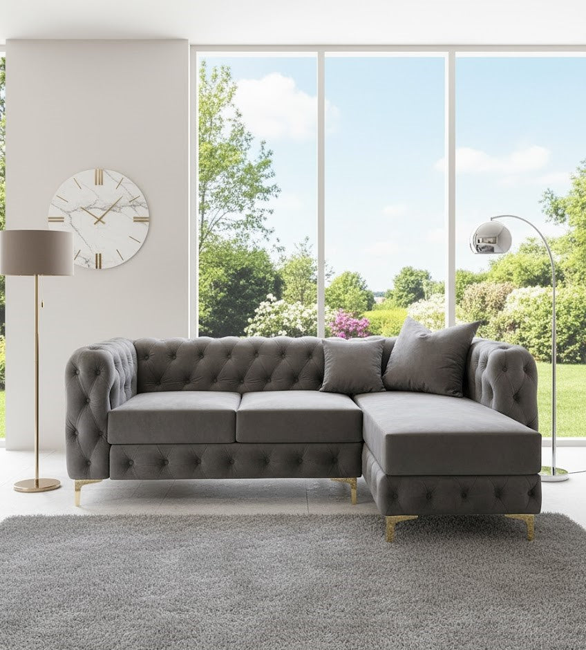 Settee L-Shaped Sofa In Grey Plush Velvet Fabric