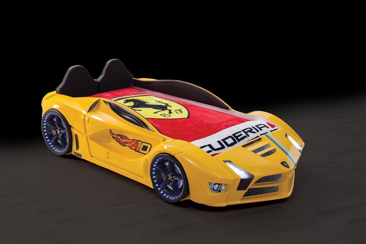 Racing Car Bed for Kids – LED lights, remote control, leather cushioning!