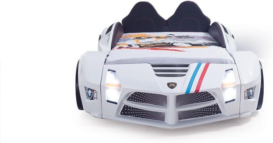 Racing Car Bed for Kids – LED lights, remote control, leather cushioning!