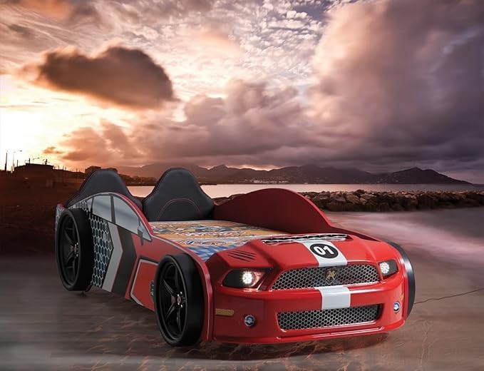Racing Car Bed for Kids – LED lights, remote control, leather cushioning!