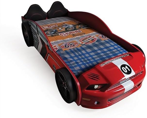 Racing Car Bed for Kids – LED lights, remote control, leather cushioning!