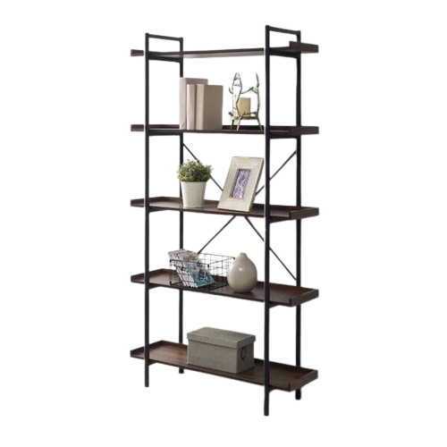 Industrial 5-Shelf Bookshelf, Rustic Wood & Black Metal Frame