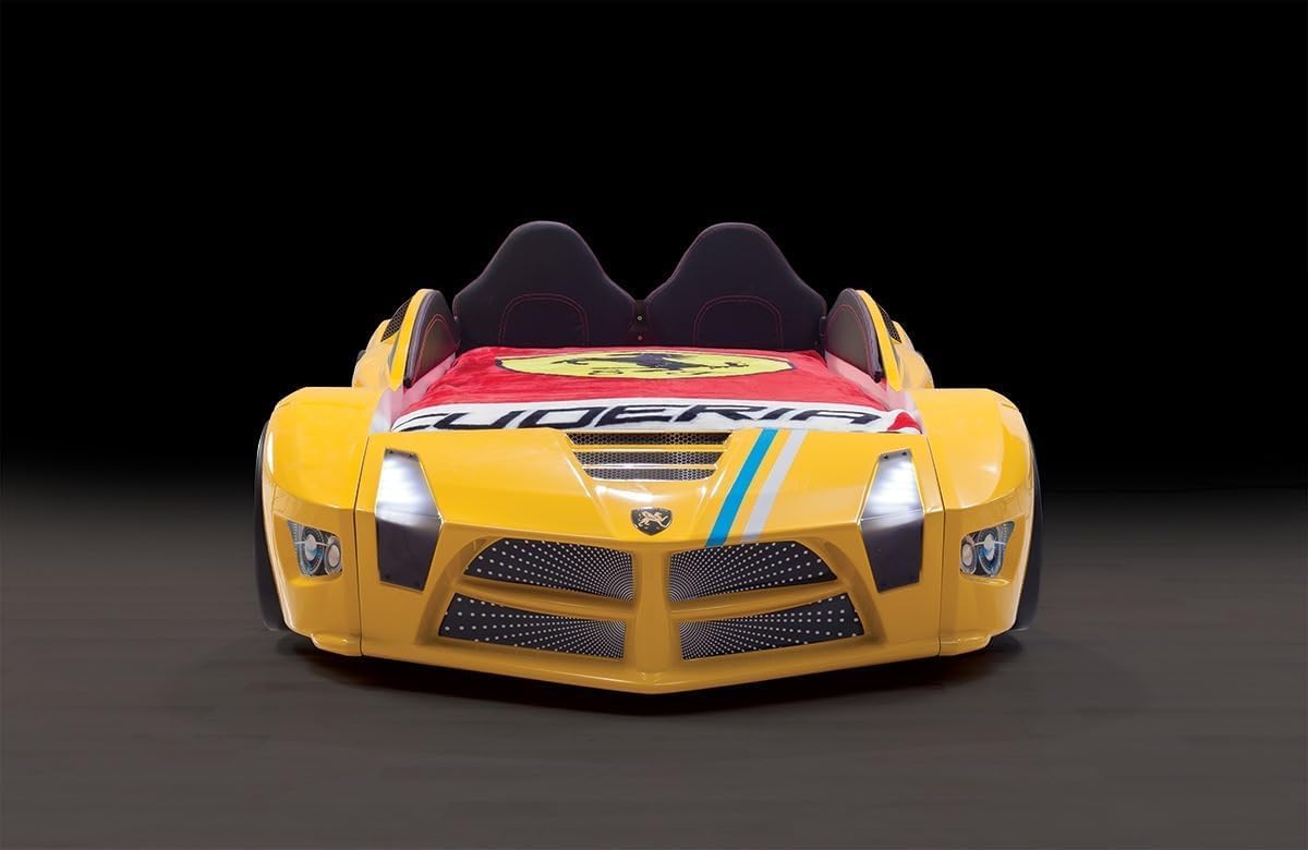 Racing Car Bed for Kids – LED lights, remote control, leather cushioning!