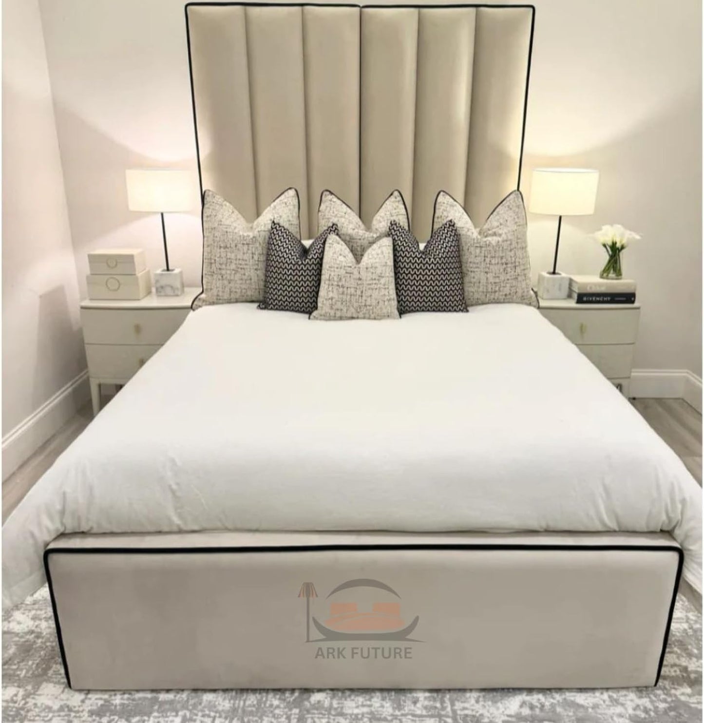 Hugo Luxe Velvet Panelled Bed Frame with Contrast Piping