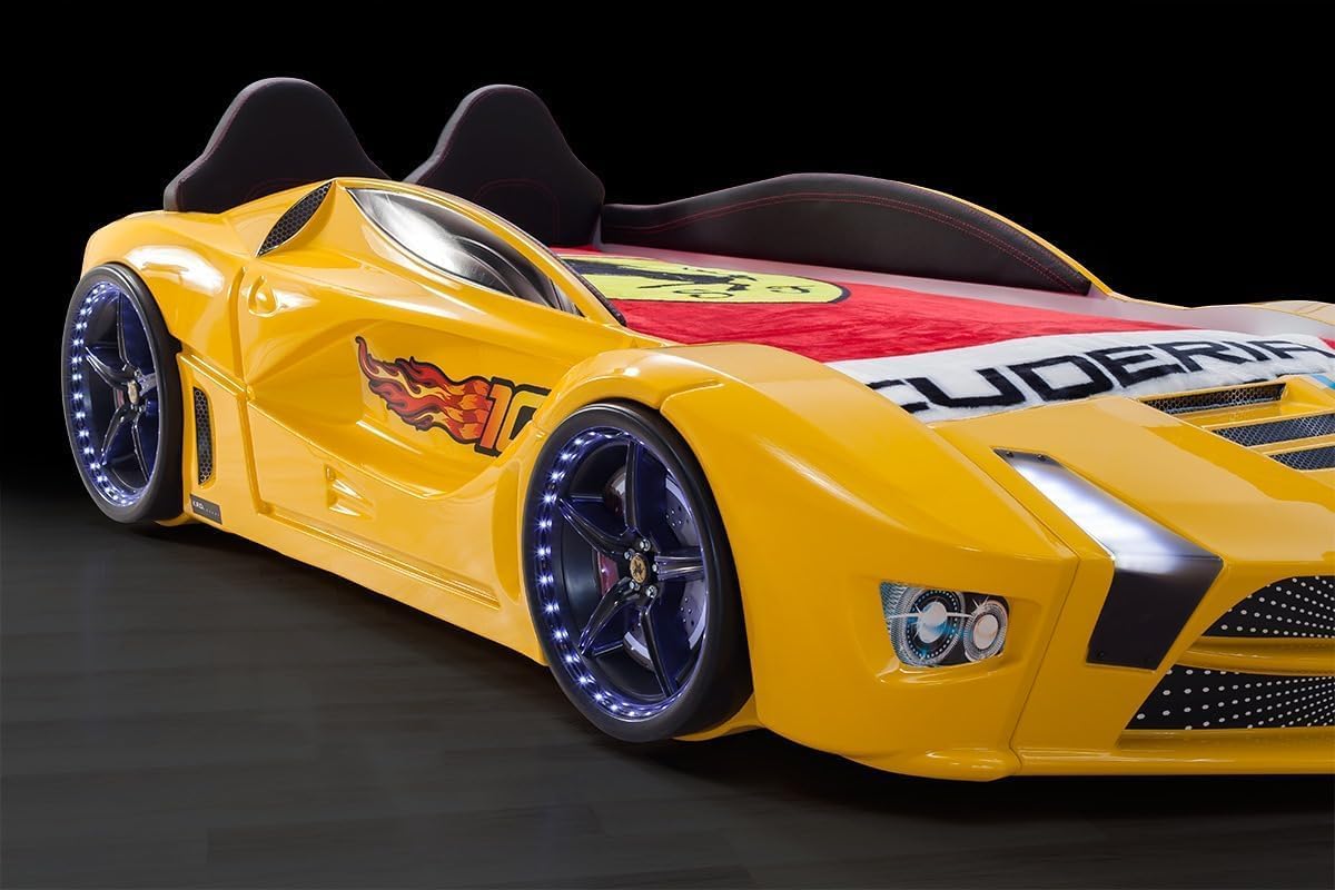 Racing Car Bed for Kids – LED lights, remote control, leather cushioning!