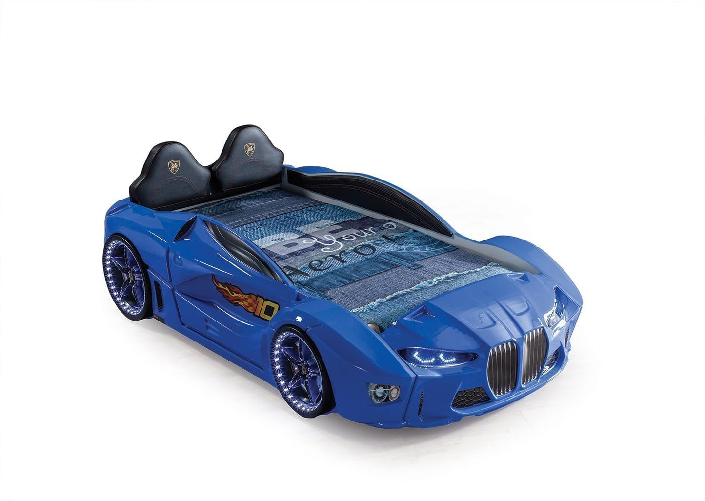 Racing Car Bed for Kids – LED lights, remote control, leather cushioning!