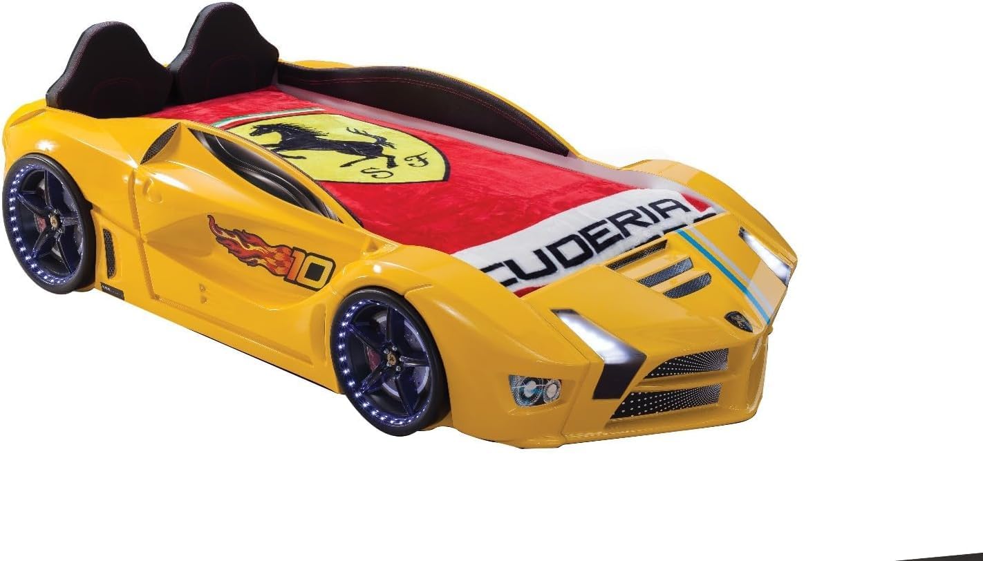 Racing Car Bed for Kids – LED lights, remote control, leather cushioning!