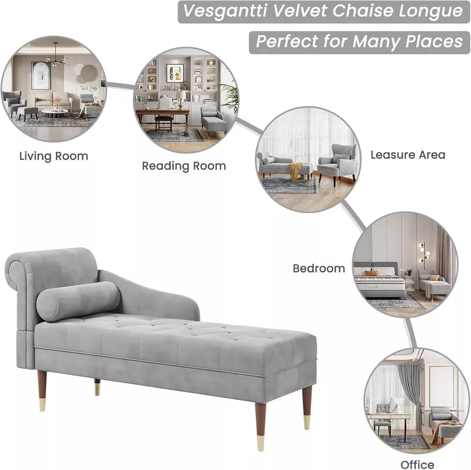 Velvet Chaise with Left Armrest Sofa & Lumbar Pillow – Modern Upholstered Chair