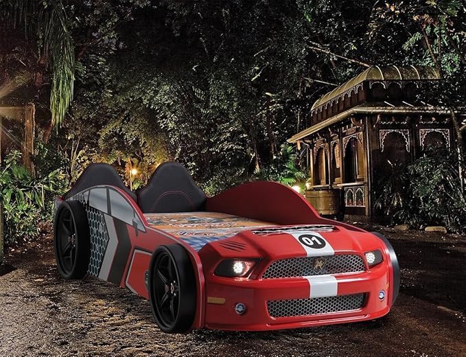 Racing Car Bed for Kids – LED lights, remote control, leather cushioning!