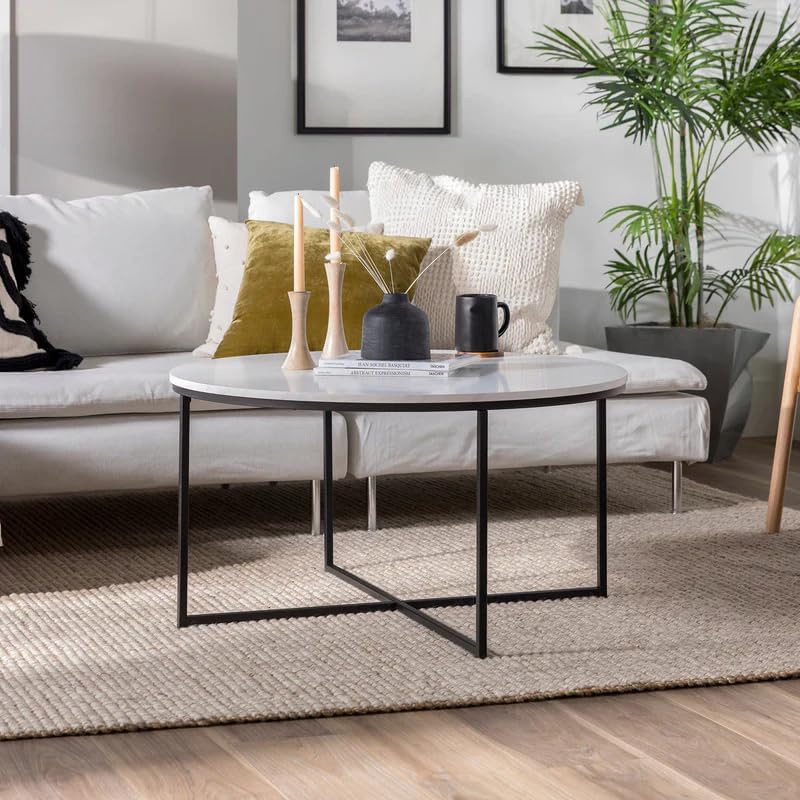 ALISSA 30" Round Marble MDF & Metal Coffee Table β Multi-Functional Storage