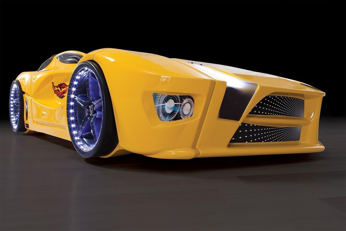 Racing Car Bed for Kids – LED lights, remote control, leather cushioning!