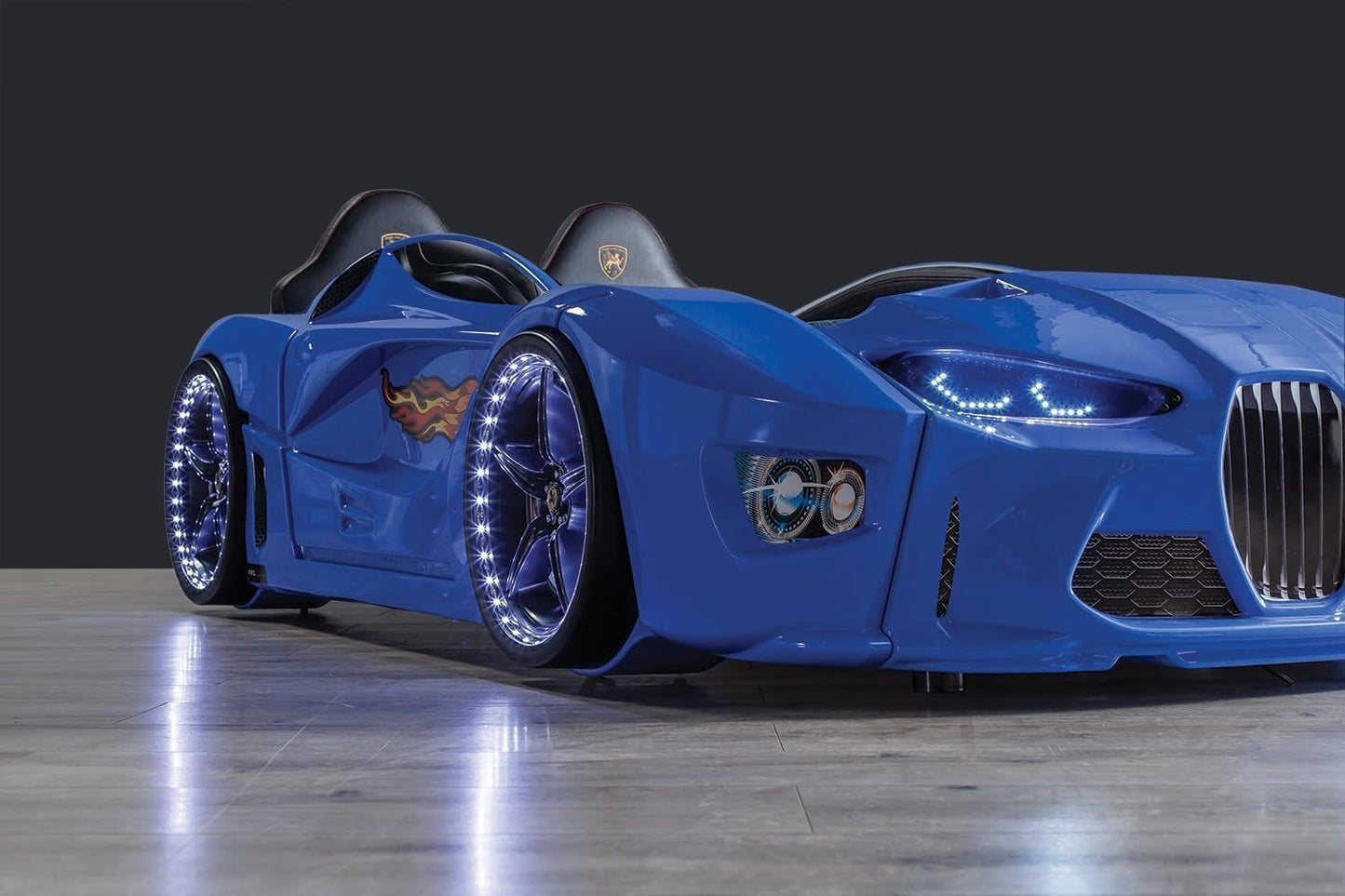 Racing Car Bed for Kids – LED lights, remote control, leather cushioning!