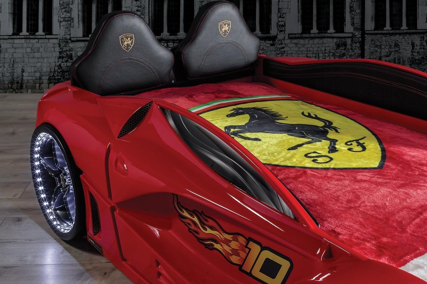 Racing Car Bed for Kids – LED lights, remote control, leather cushioning!