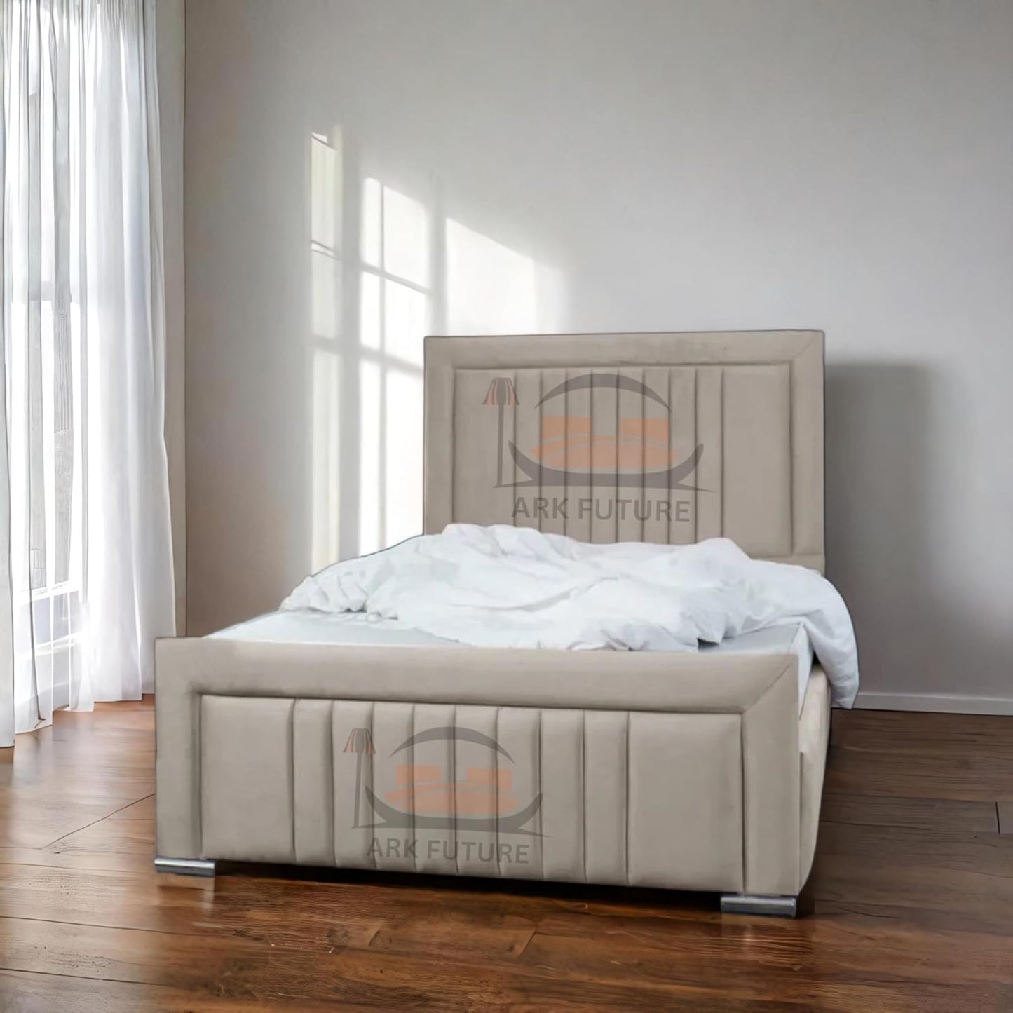 Dean Sand Upholstered Bed Frame – Modern Design, Sturdy Wood, Padded Headboard