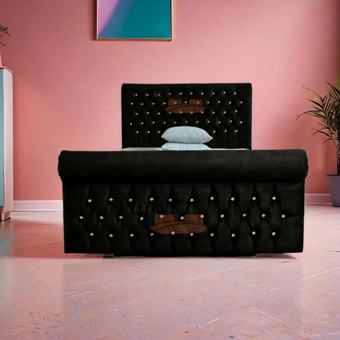 Aveline Upholstered Bed Frame with Velvet or Fabric Finish