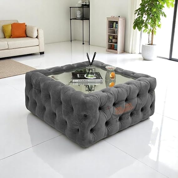 Santury Mirrored Chesterfield Square Coffee Table Footstool Pouffe in Plush Velvet Upholstery