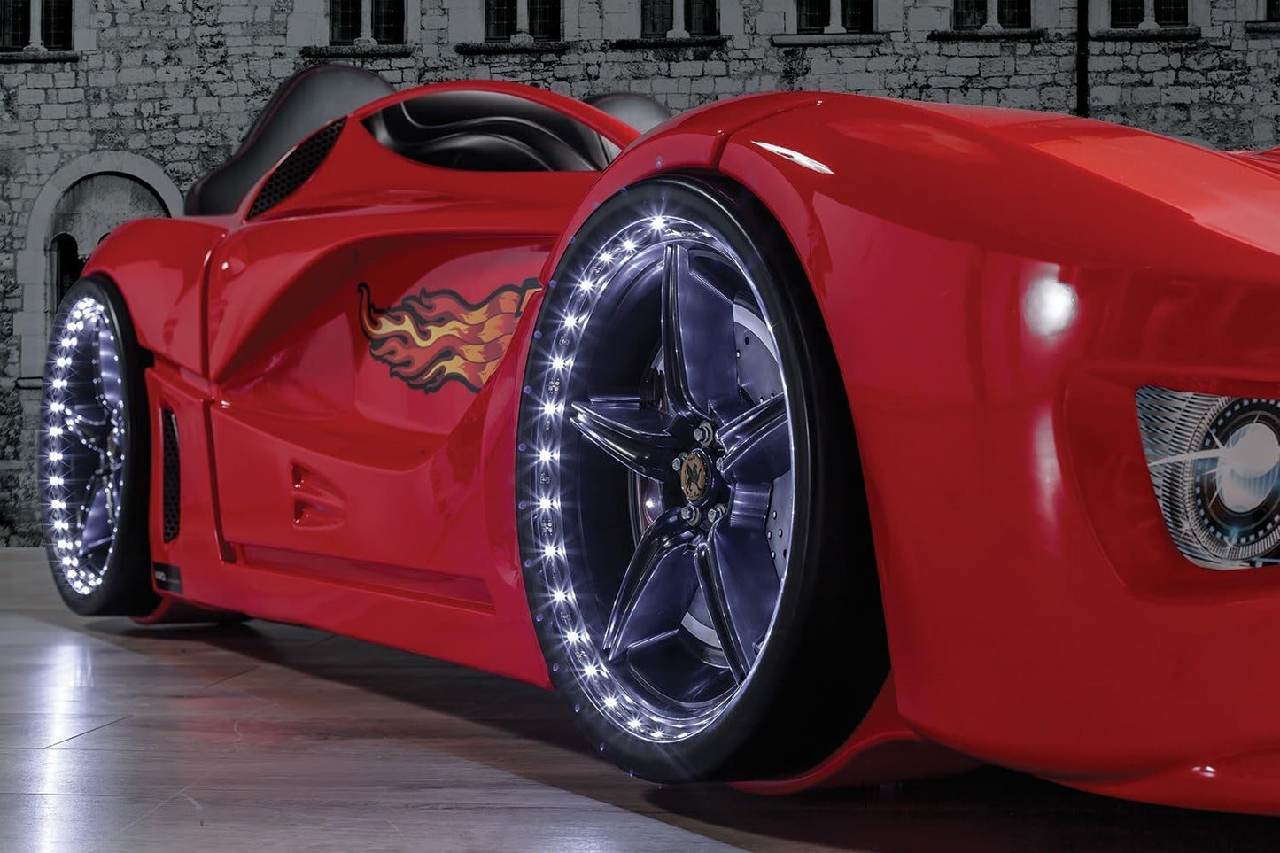 Racing Car Bed for Kids – LED lights, remote control, leather cushioning!