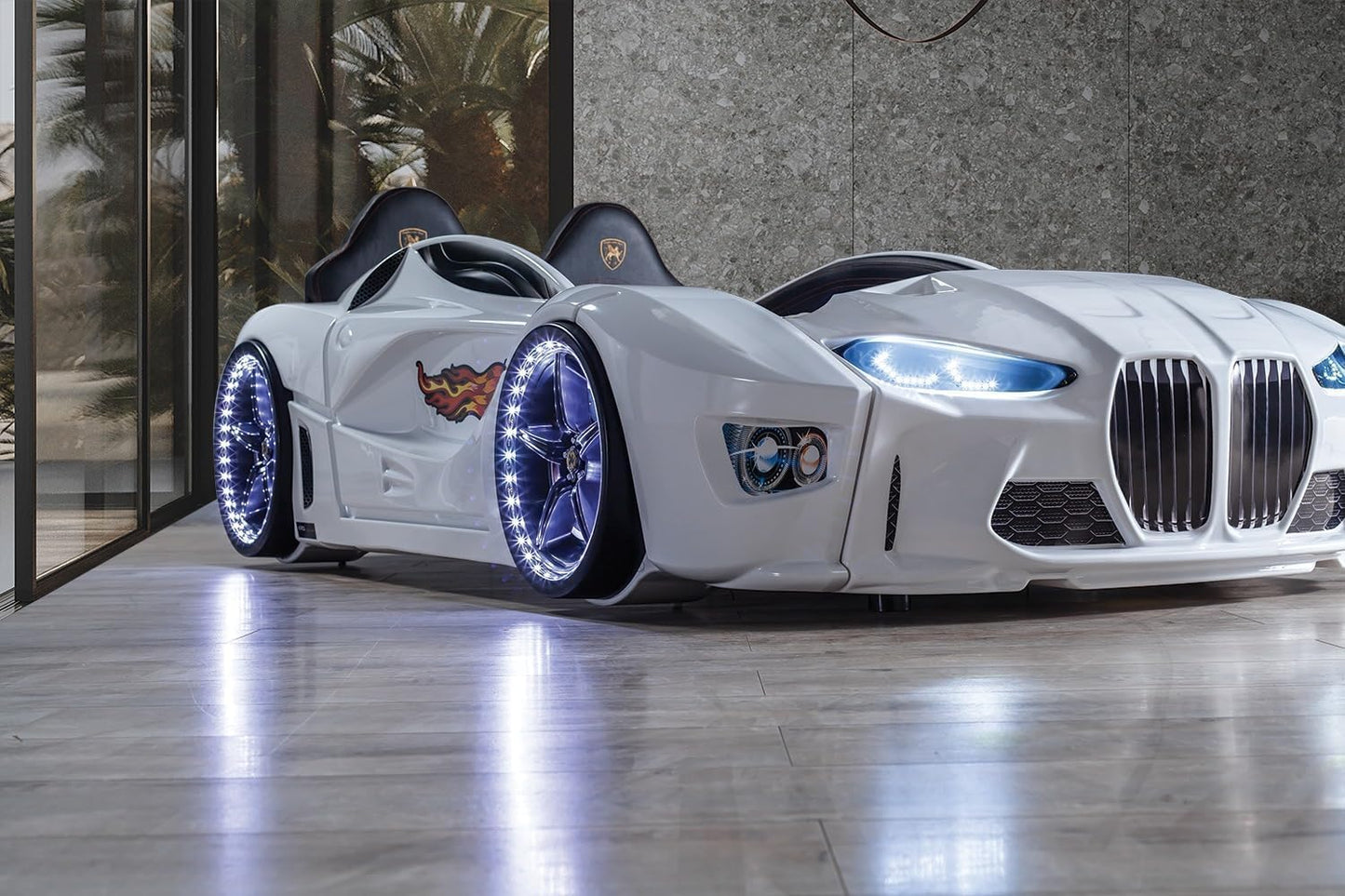 Racing Car Bed for Kids – LED lights, remote control, leather cushioning!