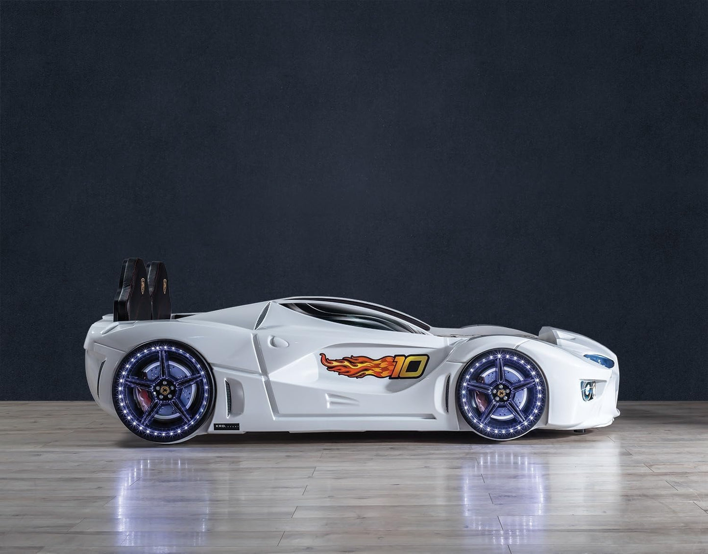 Racing Car Bed for Kids – LED lights, remote control, leather cushioning!