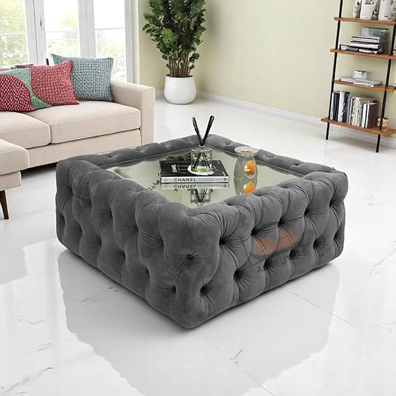 Santury Mirrored Chesterfield Square Coffee Table Footstool Pouffe in Plush Velvet Upholstery