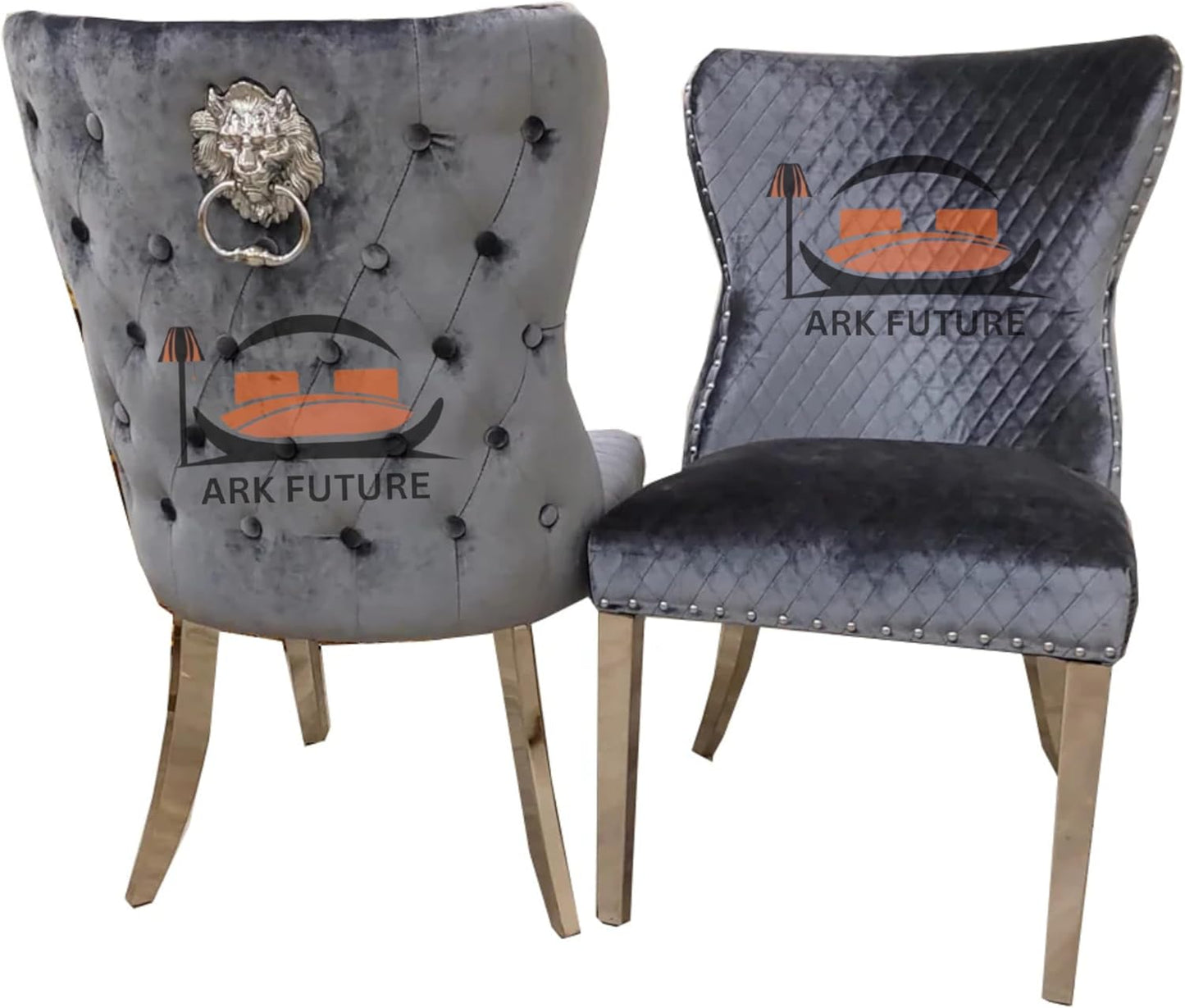 Elegant Chelsea Shimmer Velvet Dining Chairs β Chrome Legs & Lion Knocker, Set of 4