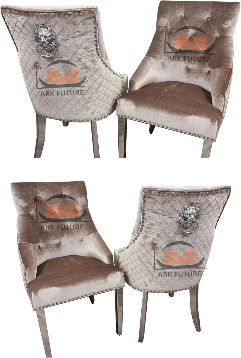 Bentley Luxury Velvet Dining Chairs β Chrome Legs, Lion Knocker