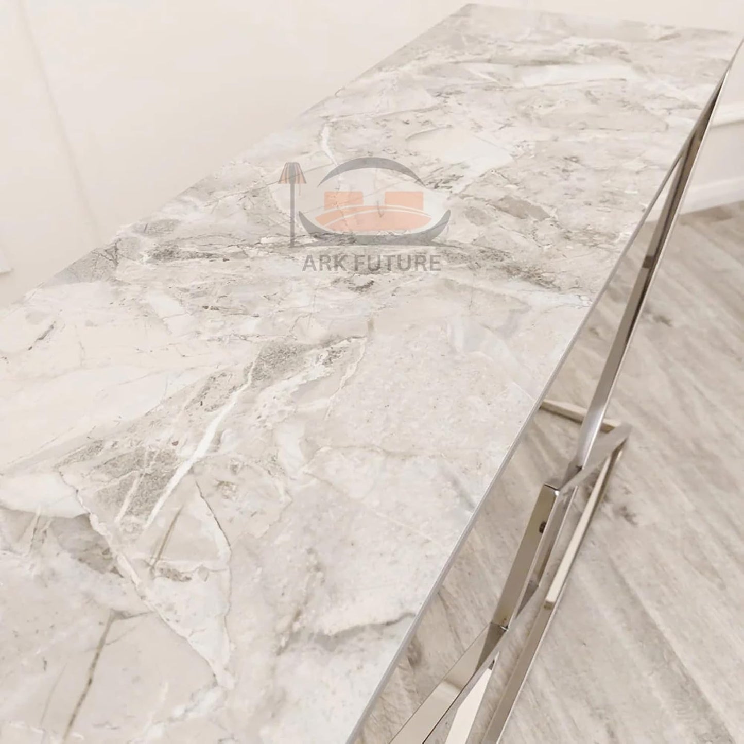 Vesta Chrome Console Table with Ash Sintered Stone Top