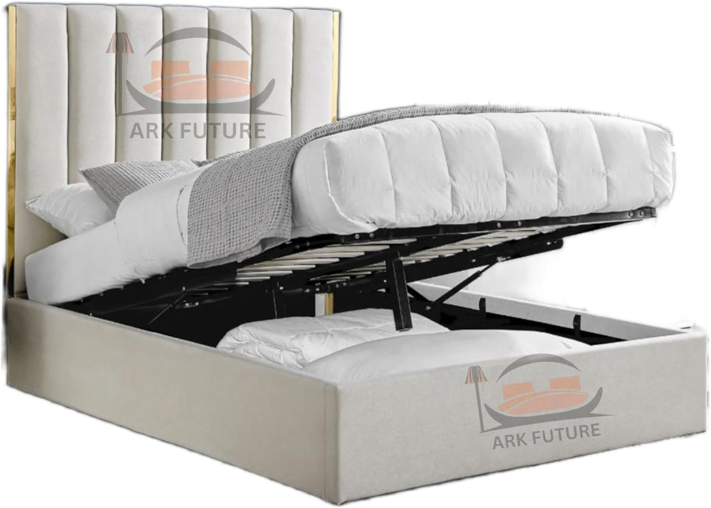 Aurora Fabric Bed with Gold Trim & Ottoman Storage