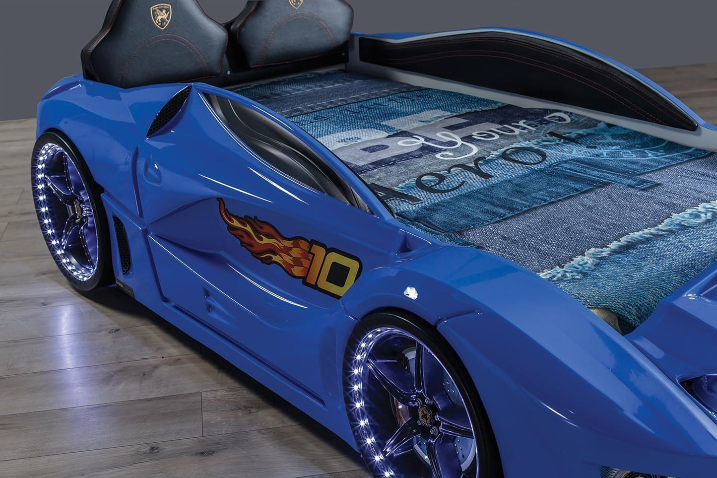 Racing Car Bed for Kids – LED lights, remote control, leather cushioning!