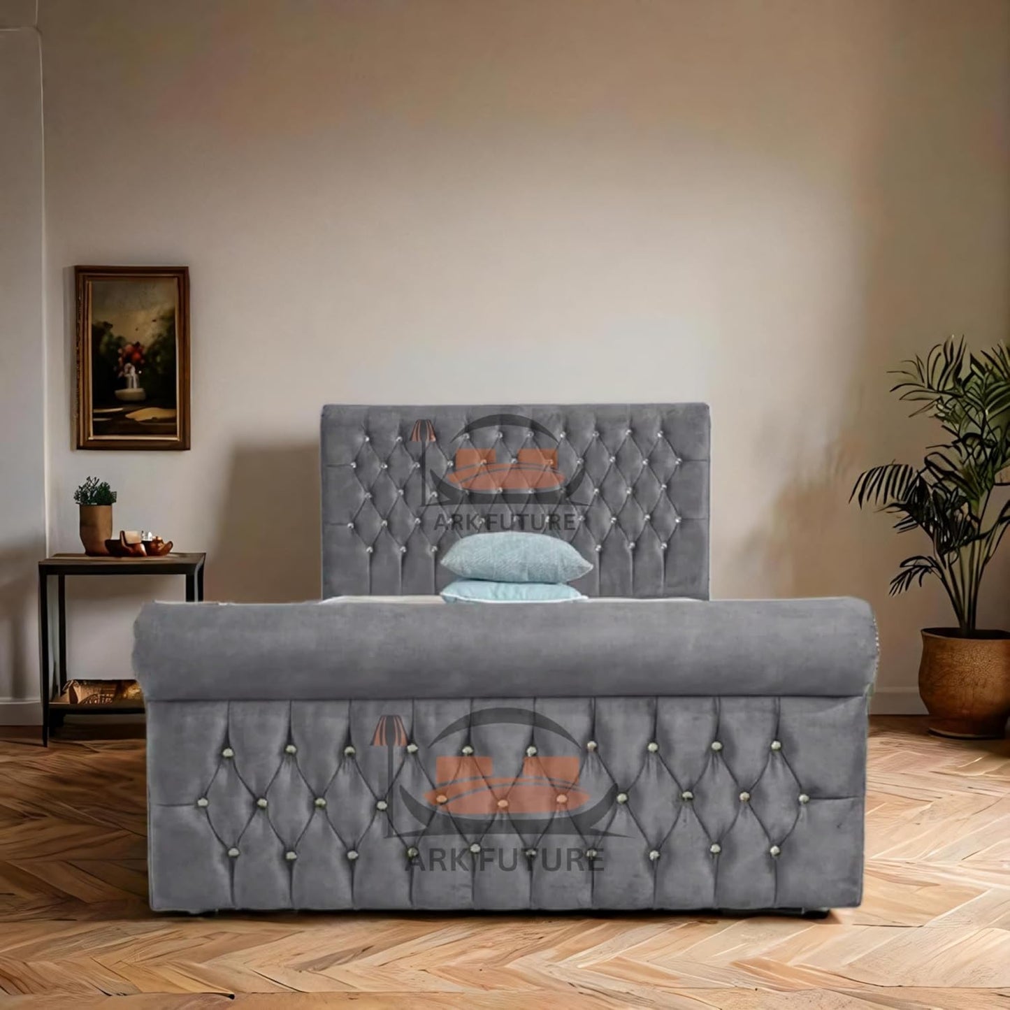 Aveline Upholstered Bed Frame with Velvet or Fabric Finish