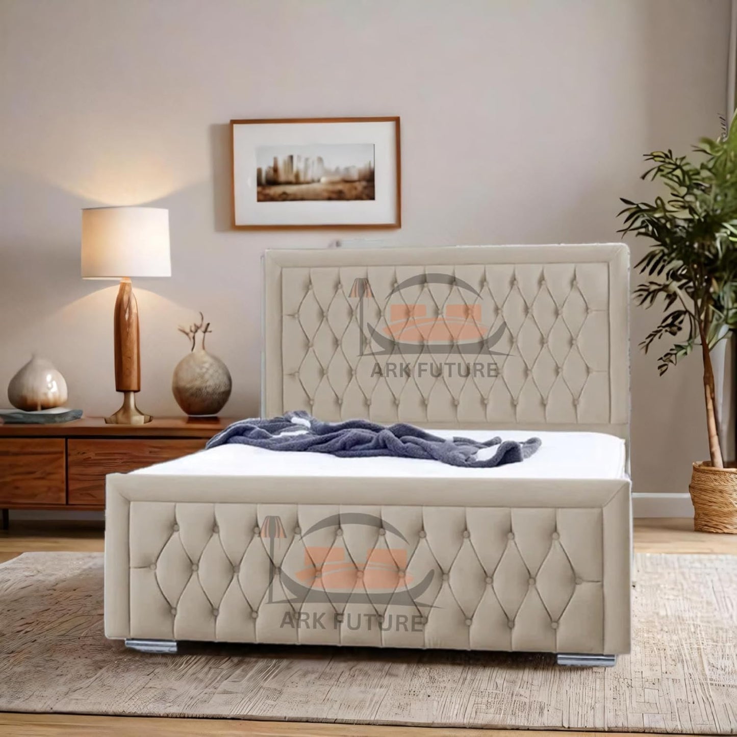 Celeste Upholstered Ottoman Bed – Velvet/Fabric Finish, Storage, Easy Lift, Stylish Headboard