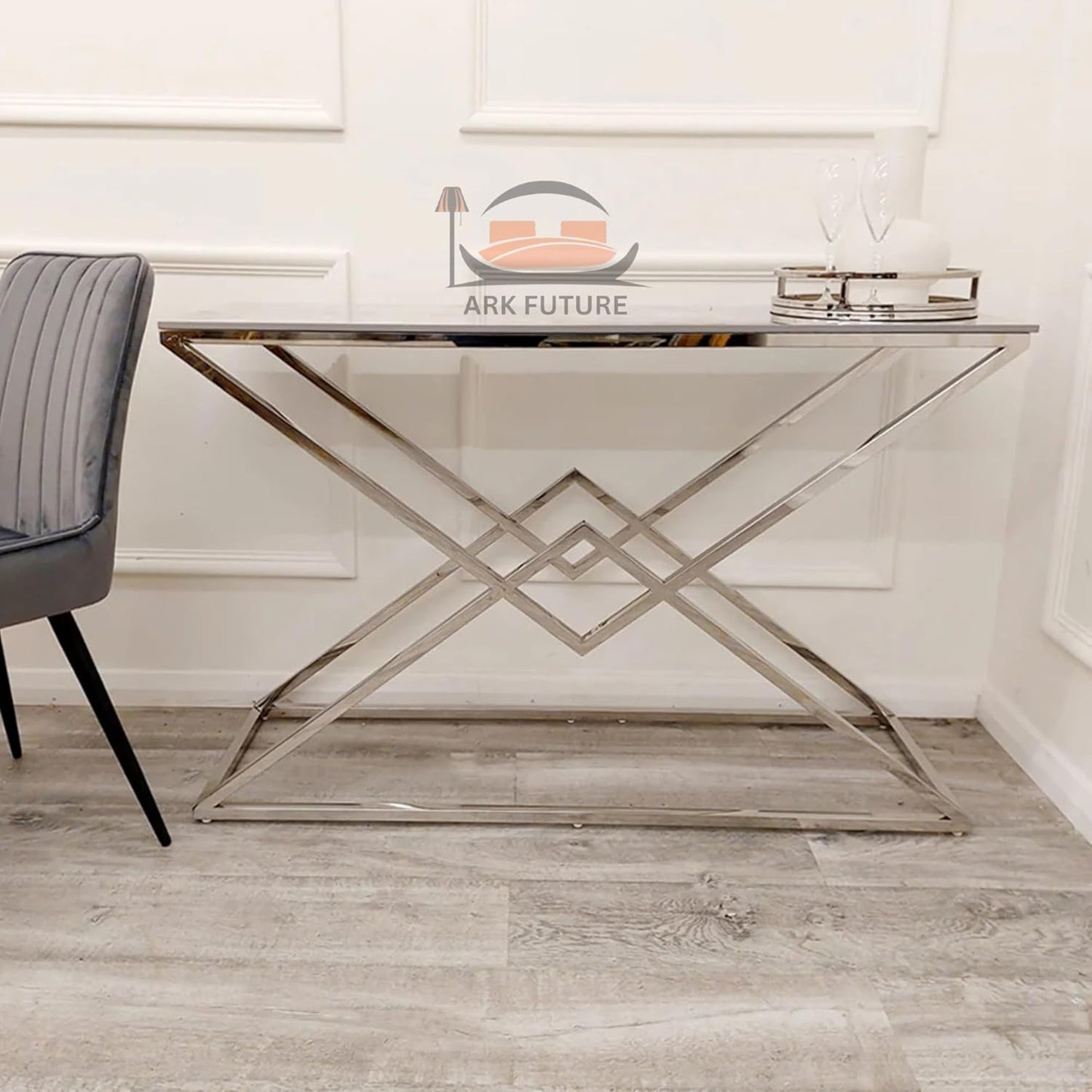 Vesta Chrome Console Table with Ash Sintered Stone Top
