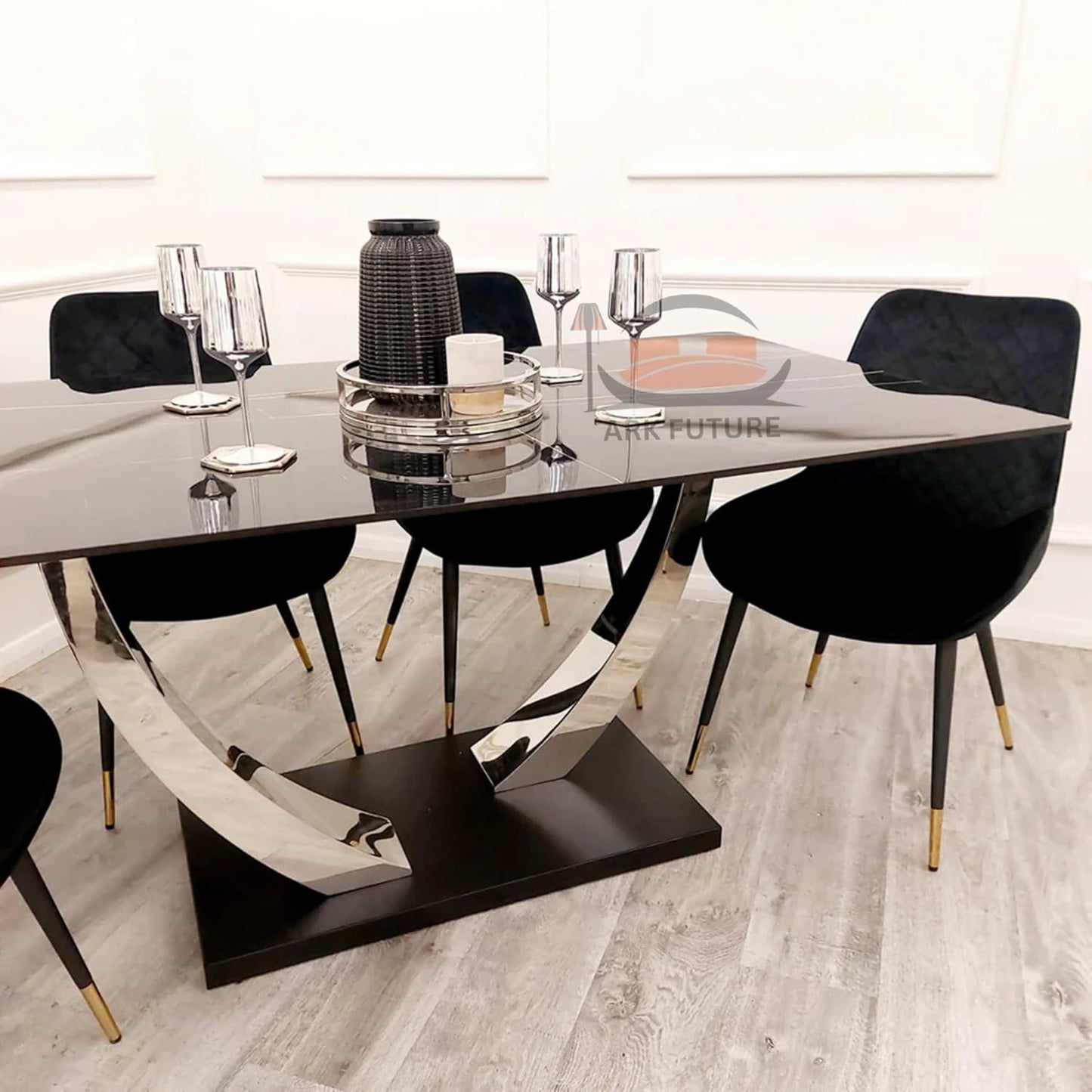 Venus 1.6M Dining Table, Black Stone Top, Chrome Legs