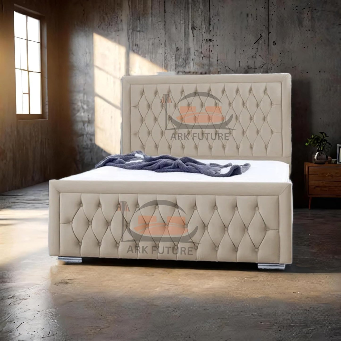 Celeste Upholstered Ottoman Bed – Velvet/Fabric Finish, Storage, Easy Lift, Stylish Headboard