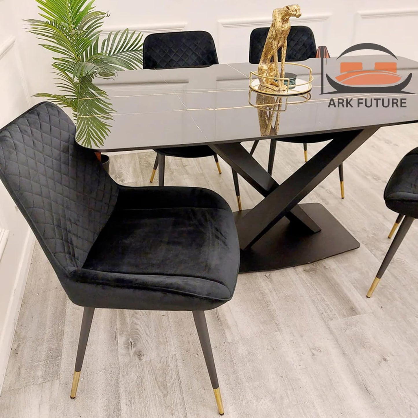 Apollo 1.6M Dining Table, Black Stone Top, X-Leg Base