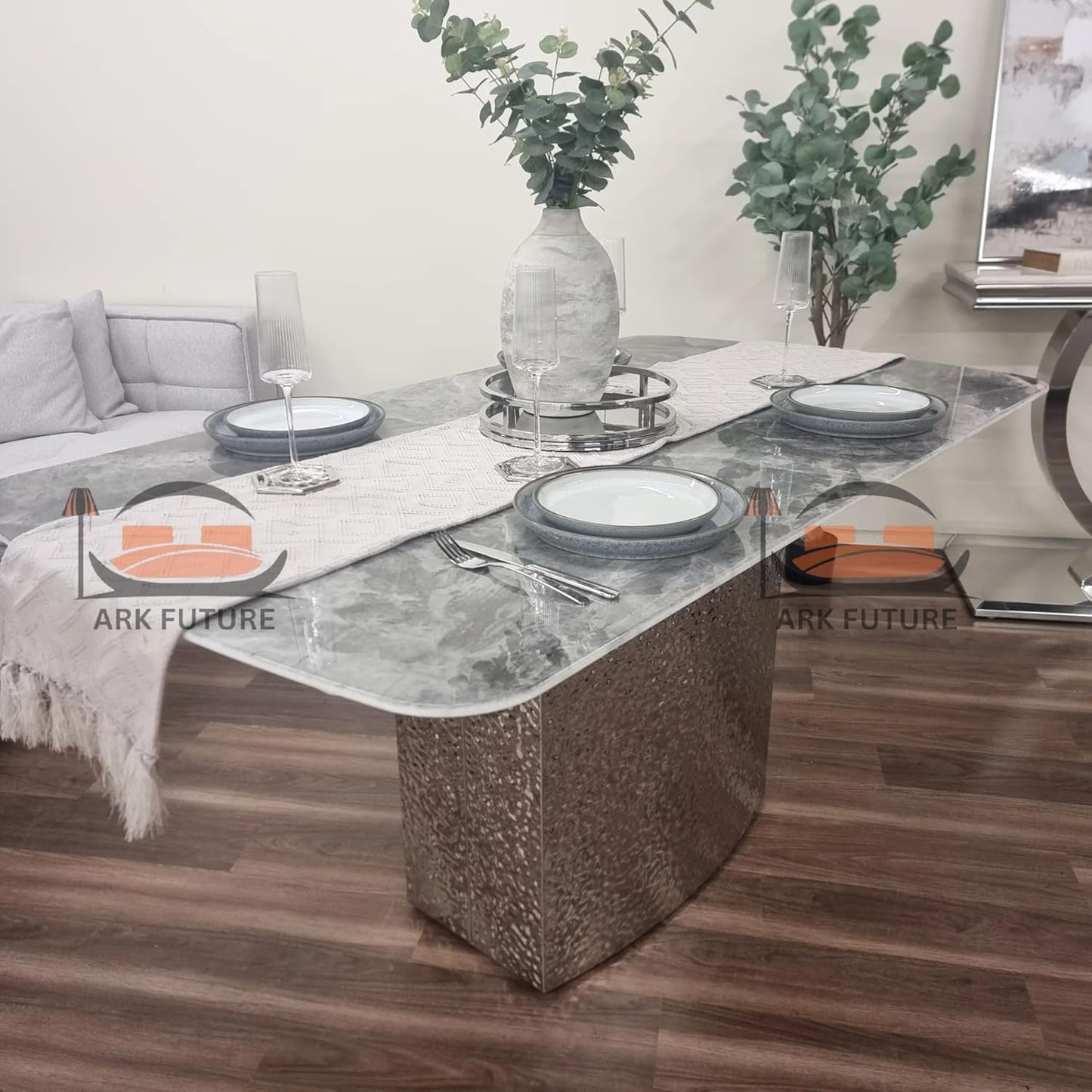 Luxury Roma Dining Table – Crystal Grey Marble Top with Textured Metal Stand