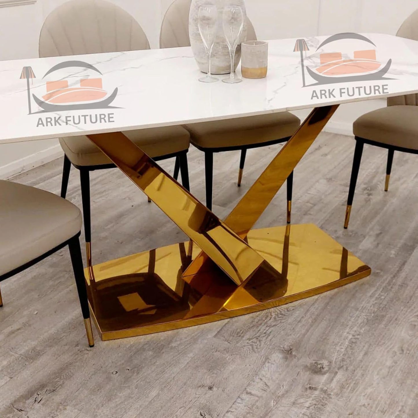Valeo Gold 1.8 Dining Table – Modern White Stone Top with Elegant Gold Base