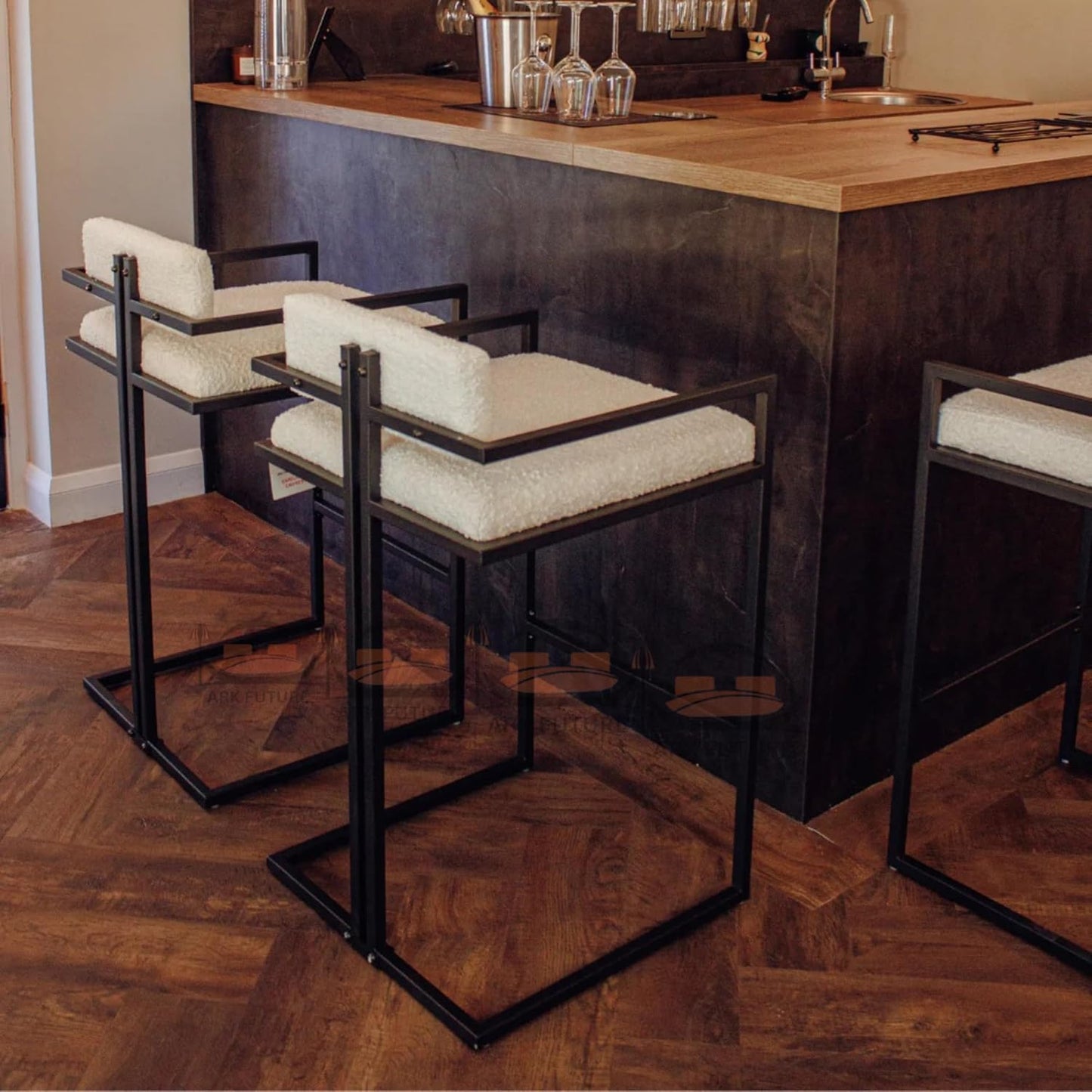 Modern Zebra Bouclé White Cushion Barstool Chairs,