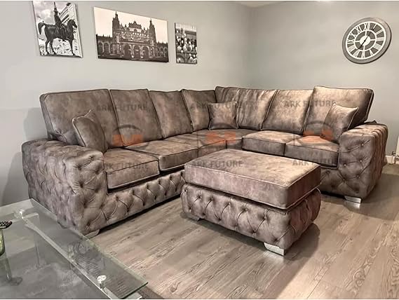 Ashton Chesterfield Corner Sofa – High Back Cushion L-Shaped Fabric Sofa with Matching Footstool