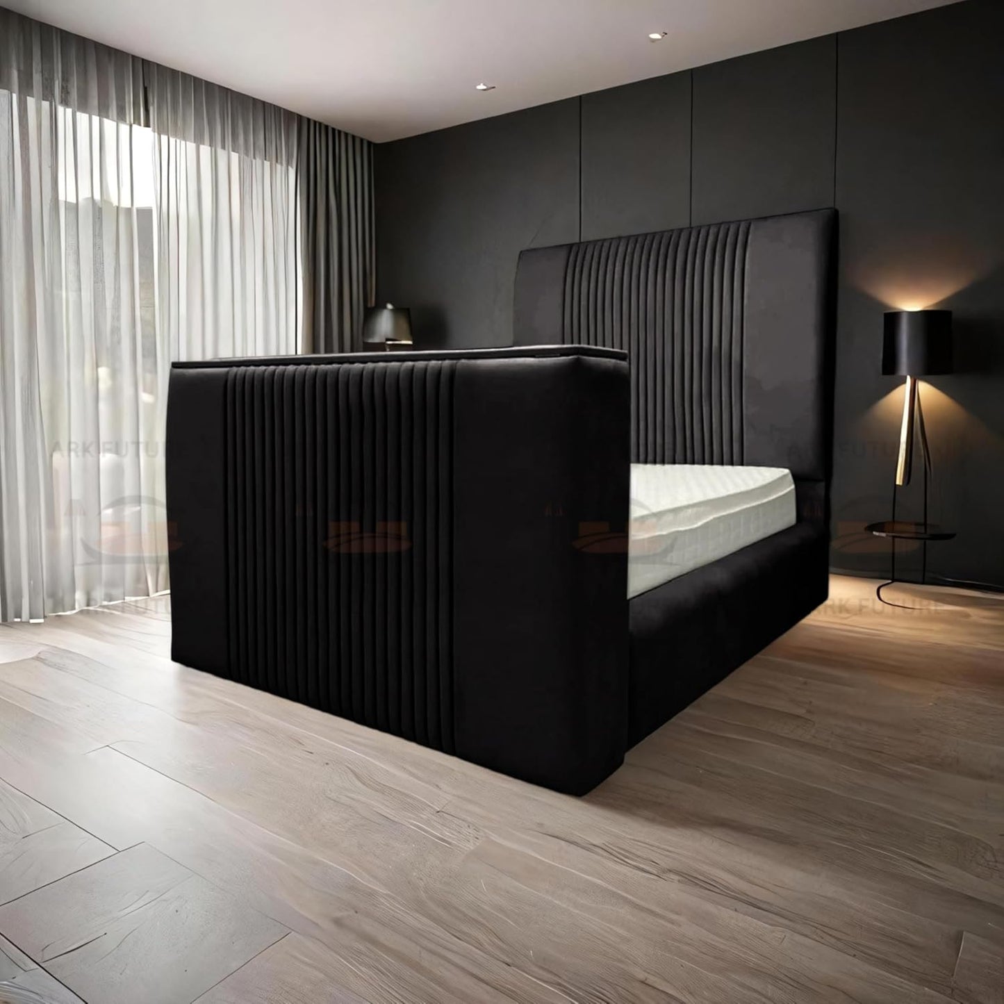 Genna Plush TV Bed Frame – Modern Upholstered Bed with TV Lift & Storage
