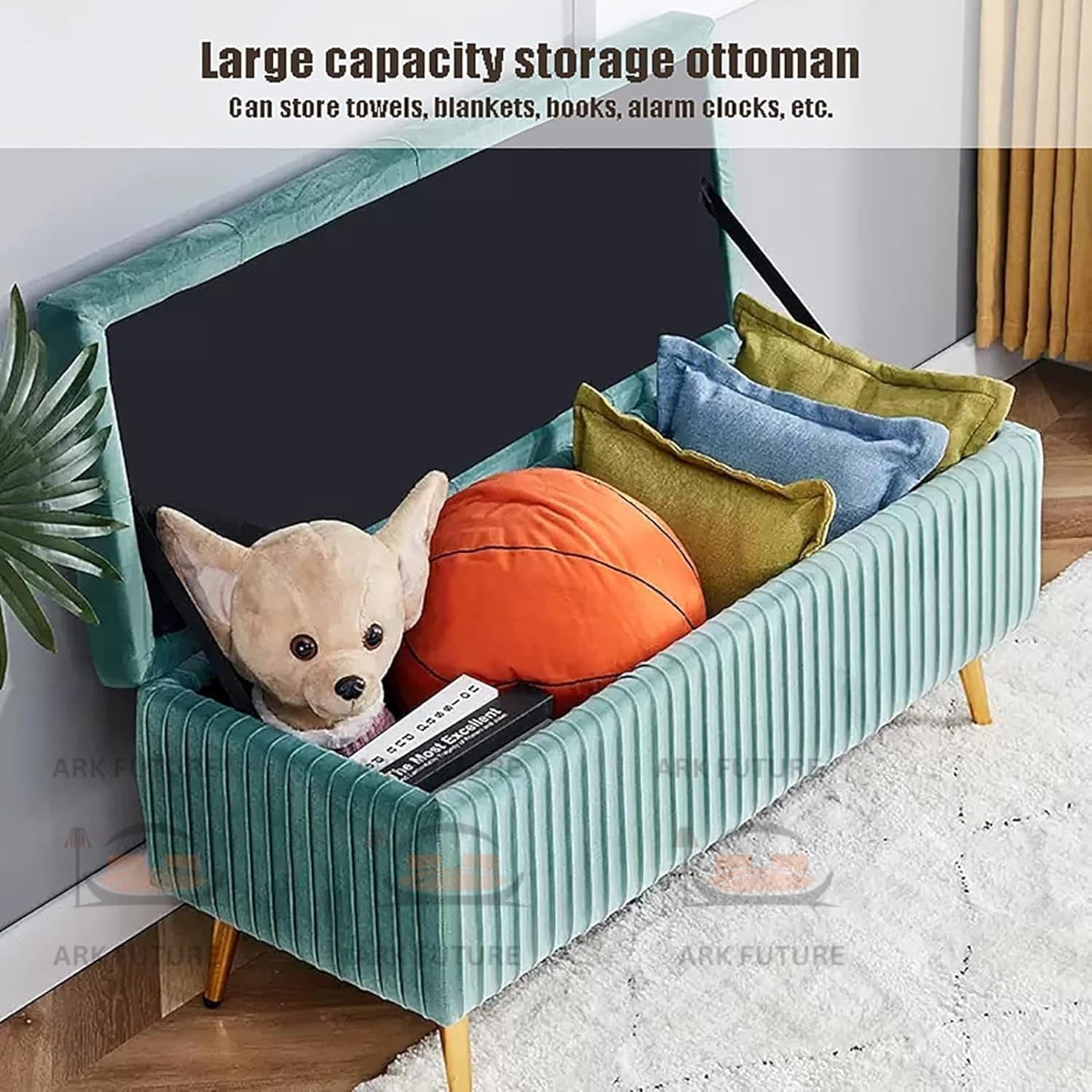 Puffy Modern Ottoman Storage Velvet Bench with Gold Metal Legs - Upholstered