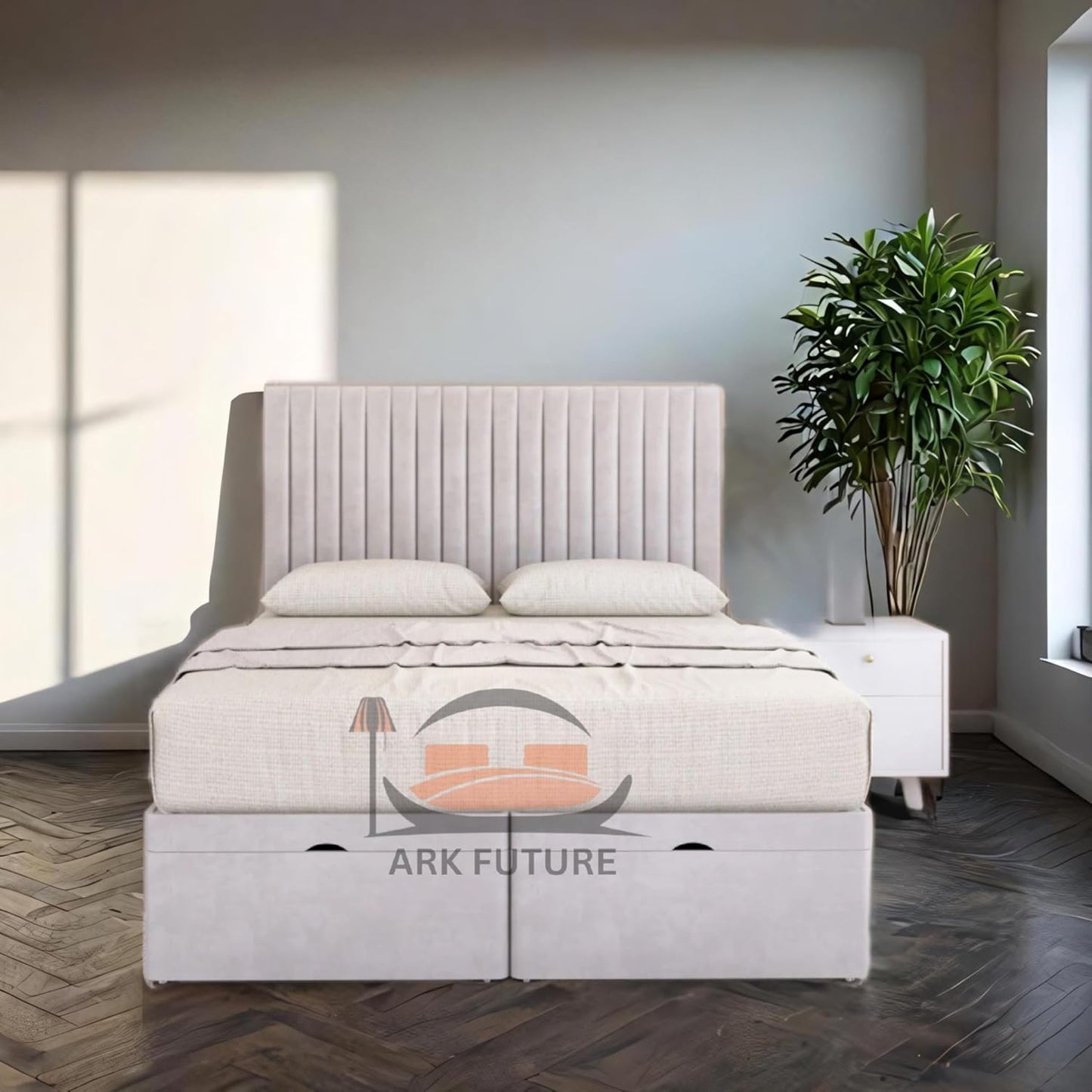 Sleek Ottoman Plush Fabric Bed Frame with Storage