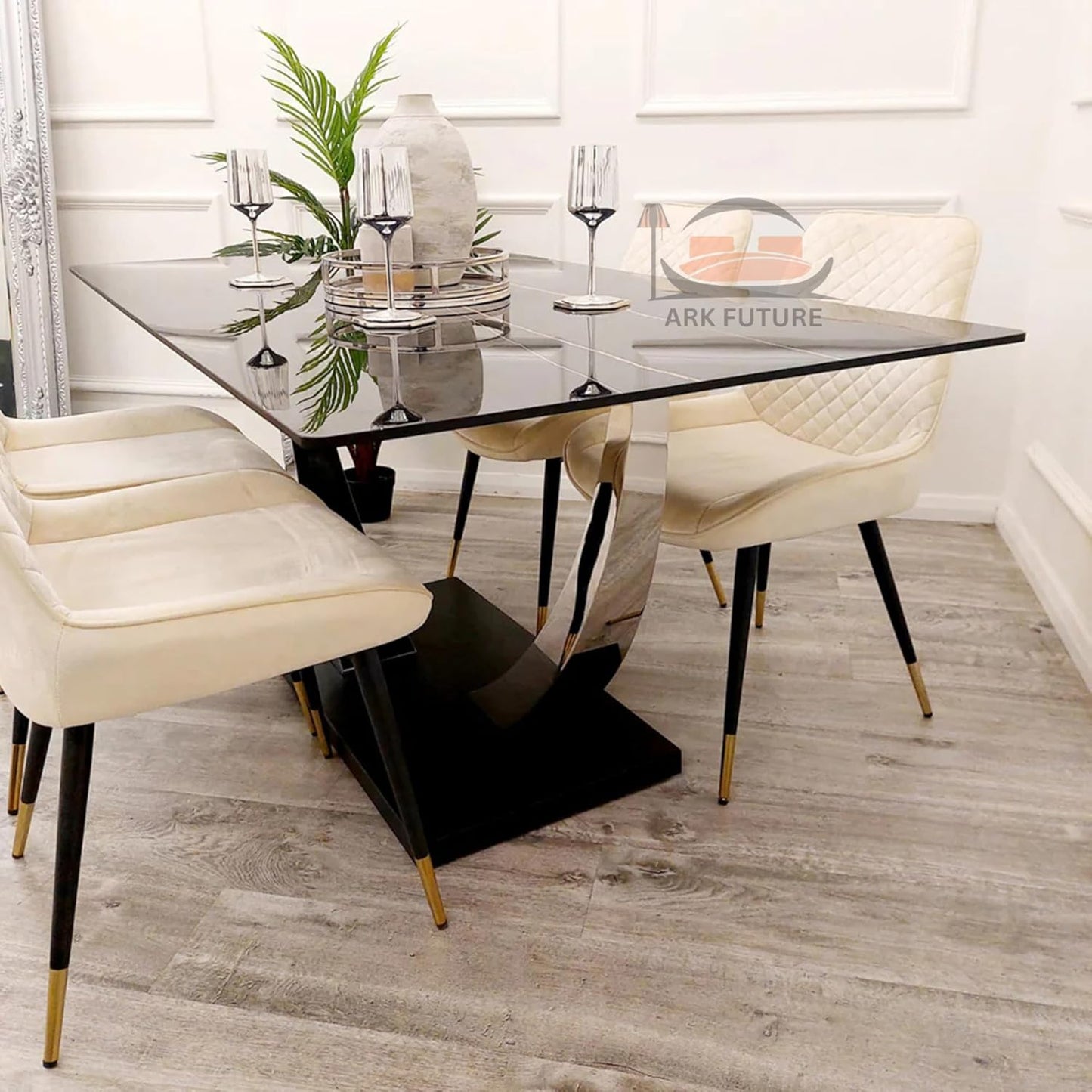 Venus 1.6M Dining Table, Black Stone Top, Chrome Legs