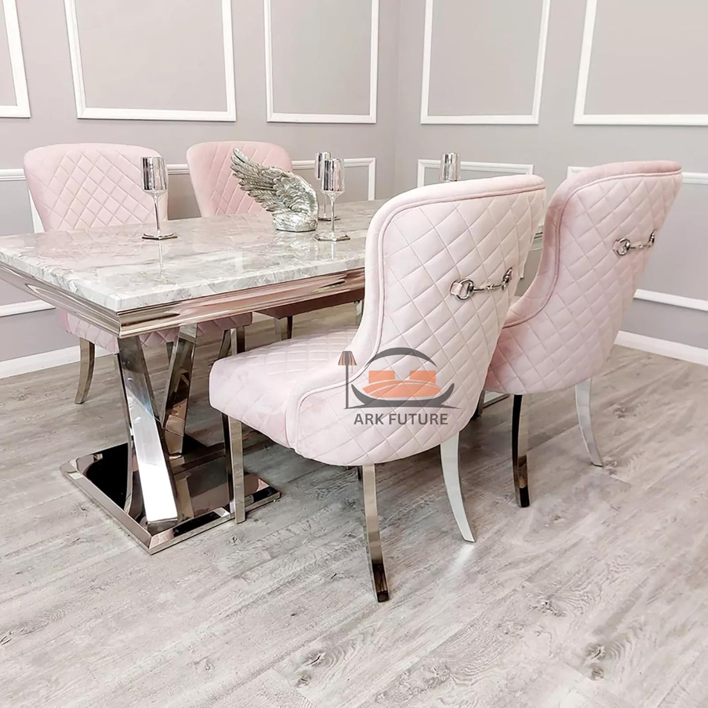 Kate Pink Velvet Dining Chairs – Set of 4, Chrome Legs, Back Clasp