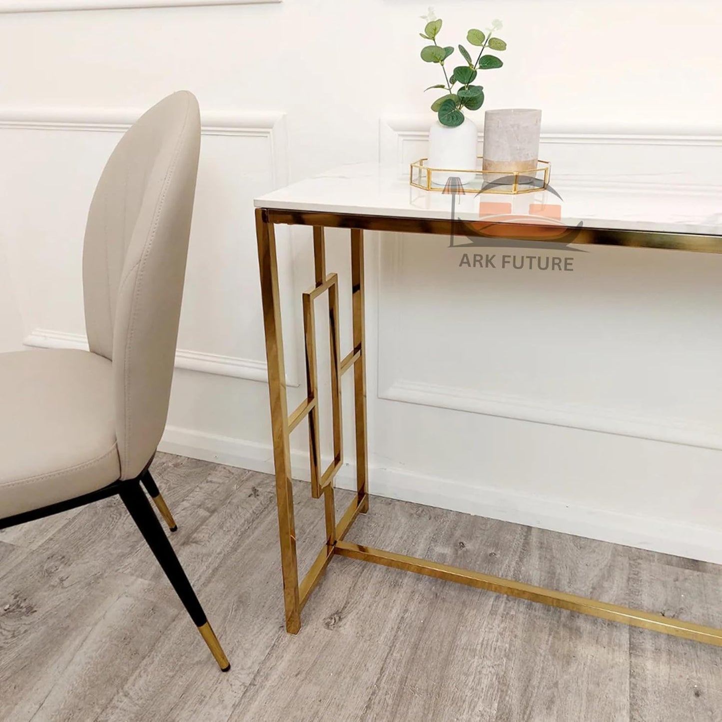 Geo Gold Console Table with Polar White Top