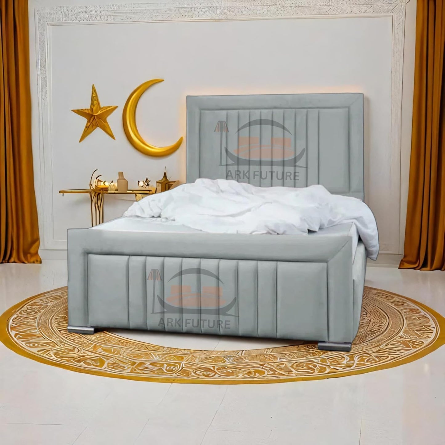 Dean Sand Upholstered Bed Frame – Modern Design, Sturdy Wood, Padded Headboard