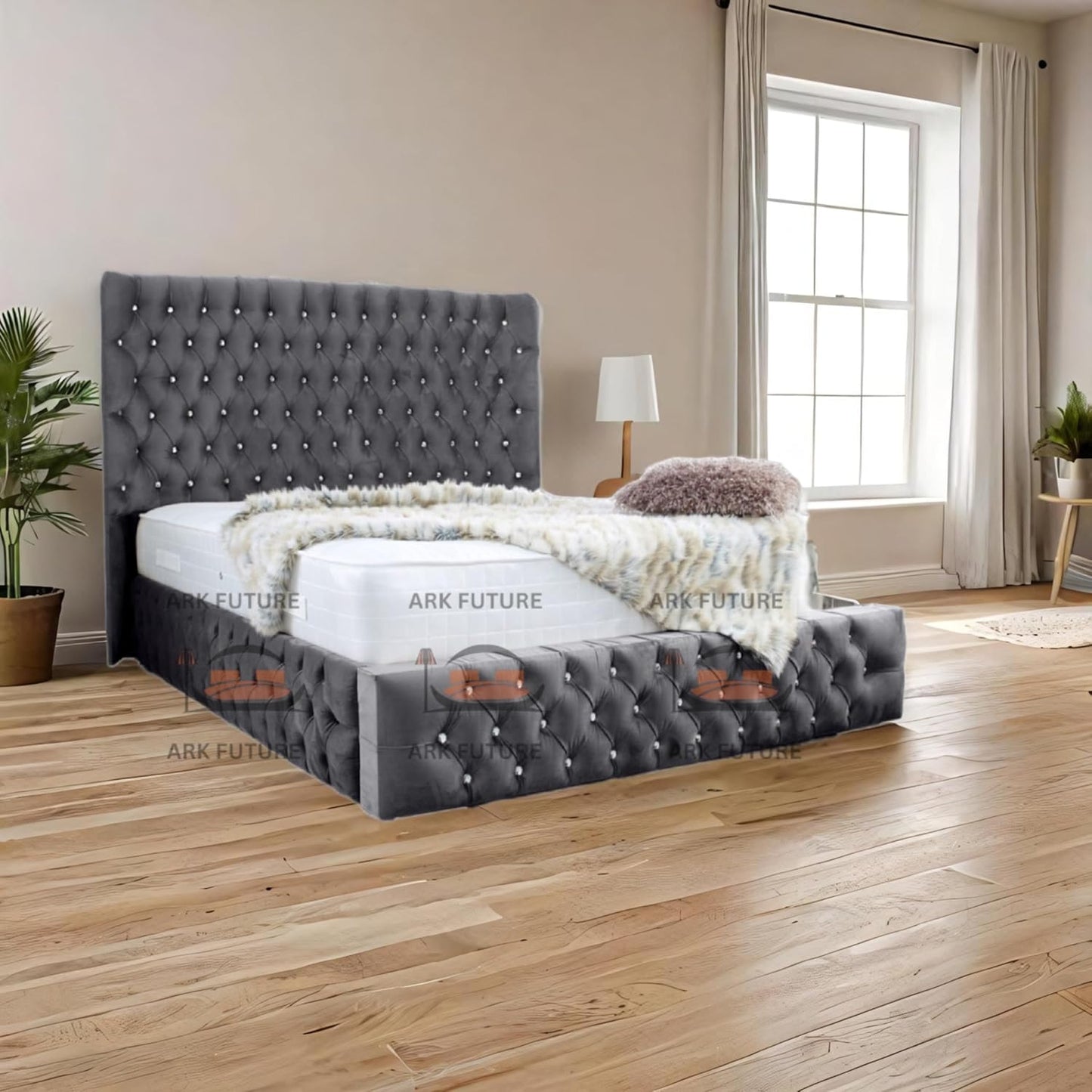 Eleganza Plush 4-Inch Bed Frame with Curved Headboard